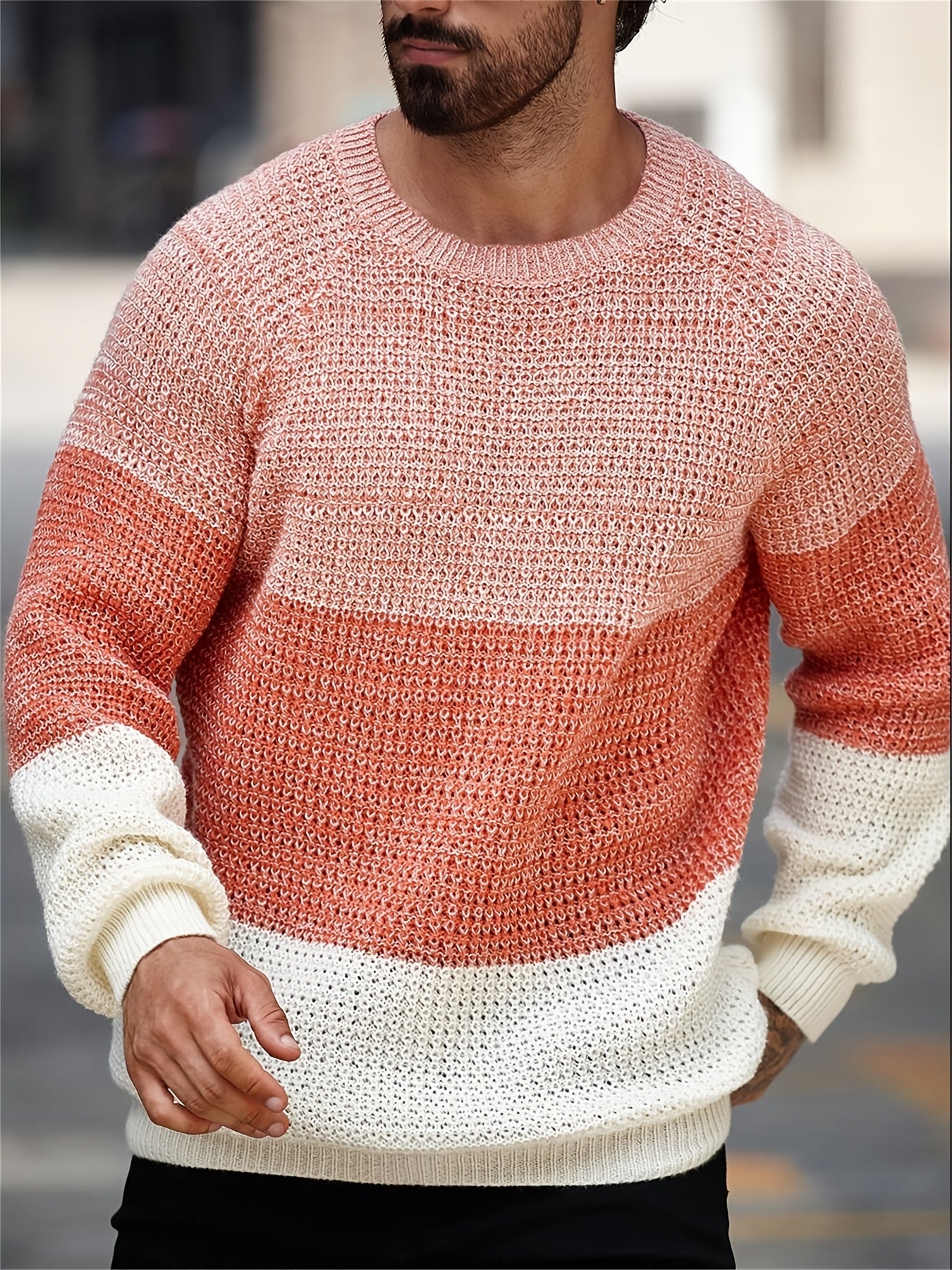 Men'S Casual Color Block Knit Pullover - Long Sleeve, Round Neck, Acrylic Fabric, Perfect for Fall/Winter Outings, School, and Casual Attir