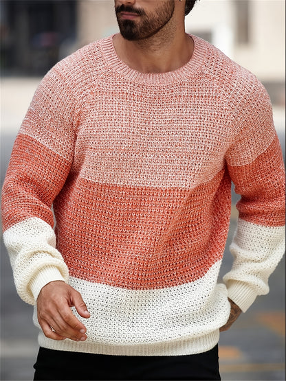 Men'S Casual Color Block Knit Pullover - Long Sleeve, Round Neck, Acrylic Fabric, Perfect for Fall/Winter Outings, School, and Casual Attir