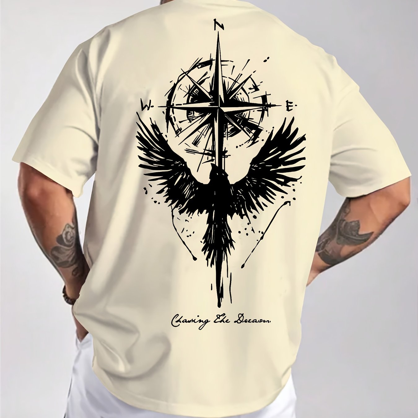Men'S Summer Short Sleeve T-Shirt with Bold Eagle & Compass Print - Light Blue Casual Round Neck Tee, Comfortable Stretch Fabric for Casual Attire, Everyday Tshirt | Bold Graphic Tee | Comfortable Fit