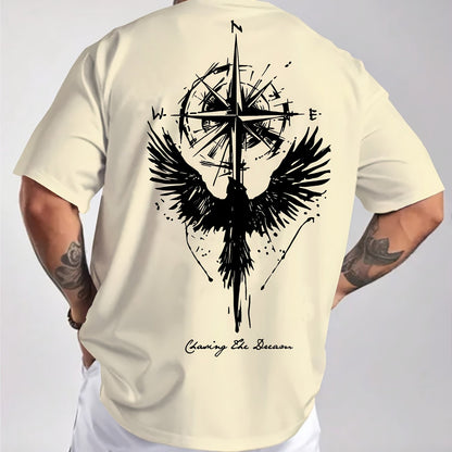 Men'S Summer Short Sleeve T-Shirt with Bold Eagle & Compass Print - Light Blue Casual Round Neck Tee, Comfortable Stretch Fabric for Casual Attire, Everyday Tshirt | Bold Graphic Tee | Comfortable Fit
