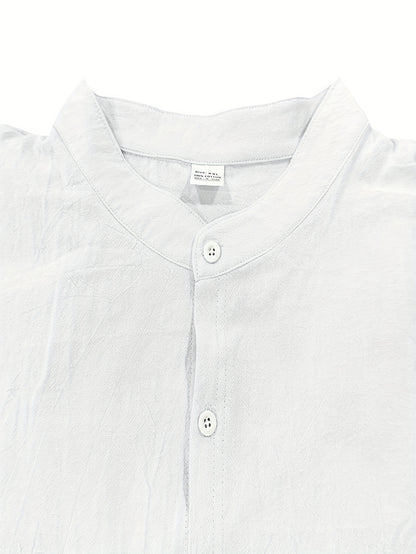 Men's Lightweight 95% Linen Shirt - Breathable Summer Casual Button-Up with Stand Collar, Regular Fit for Beach & Urban Wear, Solid Color