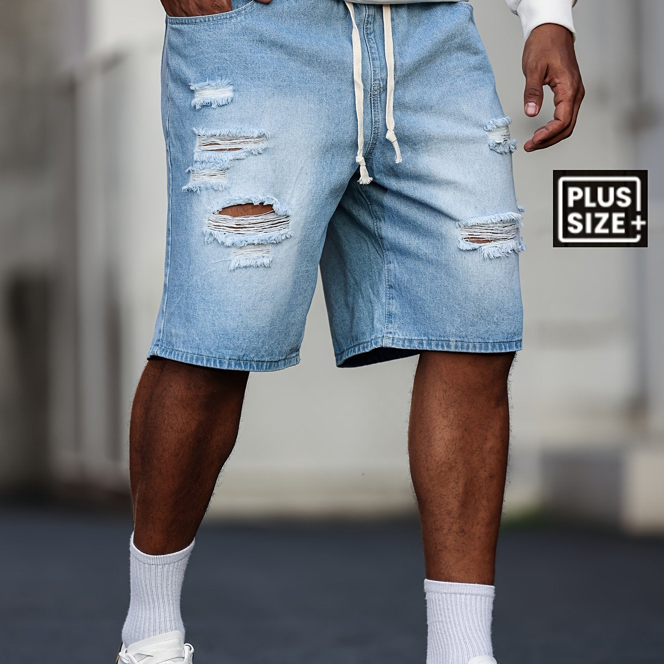 Men's Big & Tall Jeans Shorts - Non-Stretch Heavy-Duty Jeans Fabric, Drawstring Waistband, Loose Fit Casual Pants for Everyday & Formal Outfits - Machine Washable Denim Shorts, Relaxed Style, Distressed Look, Sturdy Construct