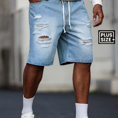 Men's Big & Tall Jeans Shorts - Non-Stretch Heavy-Duty Jeans Fabric, Drawstring Waistband, Loose Fit Casual Pants for Everyday & Formal Outfits - Machine Washable Denim Shorts, Relaxed Style, Distressed Look, Sturdy Construct