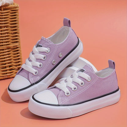 Kids' Breathable Low-Top Canvas Sneakers - Casual Lace-Up Shoes with Rubber Sole for Boys & Girls, Pink with White Detailing, Round Toe Design, Perfect for Casual Attire or Outdoor Activities