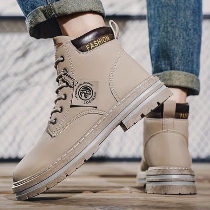 Men'S Olive Green Casual Boots - Comfortable Lace-Up Ankle Boots with Thick Cushioned PVC Sole, Round Toe & Breathable Fabric Lining for All-Season Wear, Everyday Footwear, Minimalist Design, Durable Construction