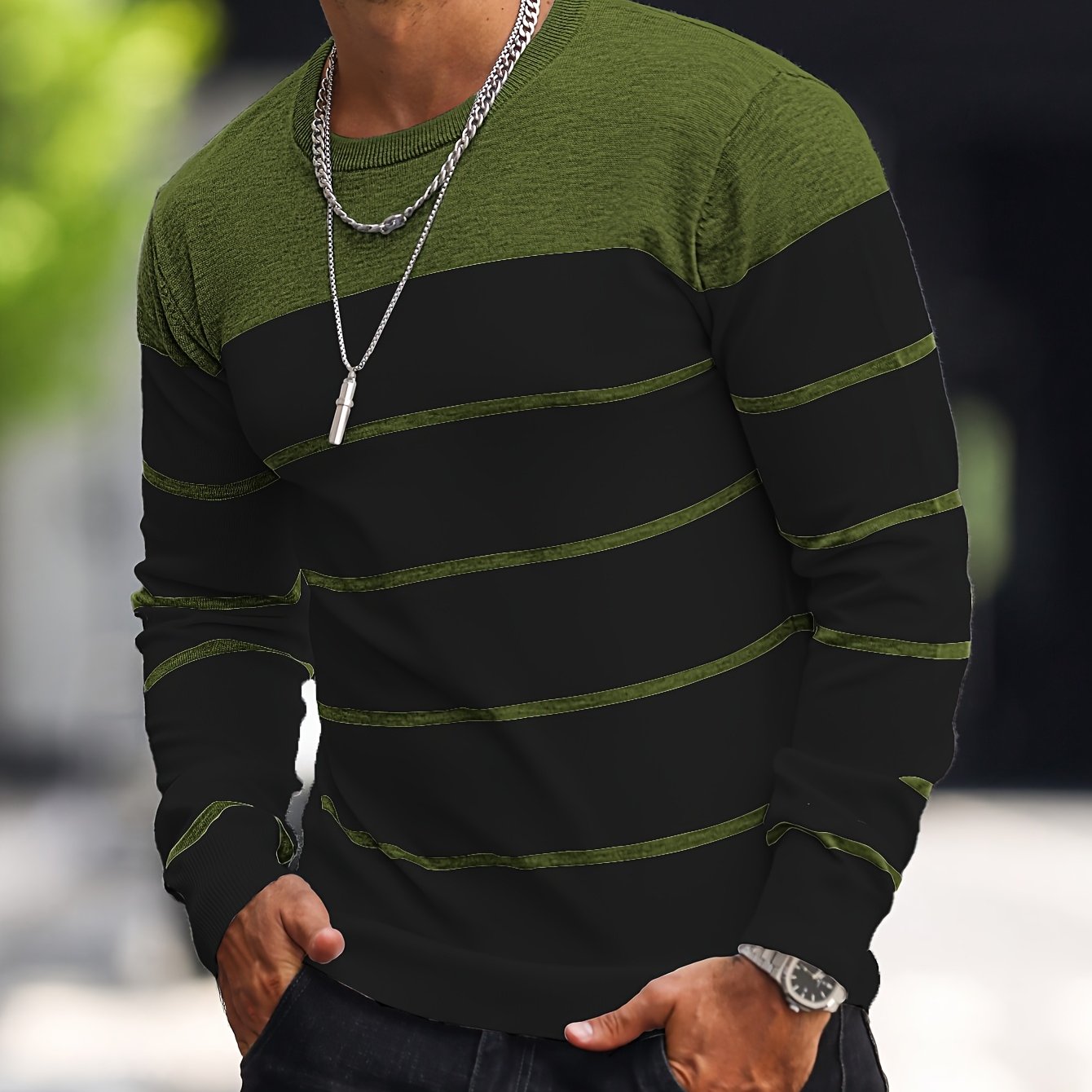 Men's Casual Striped Knit Pullover Sweater - Navy & White Contrast, Regular Fit H-Silhouette, Long Sleeve Crew Neck, Medium Stretch, Machine Washable for Spring & Fall, Mediumstretch Fabric