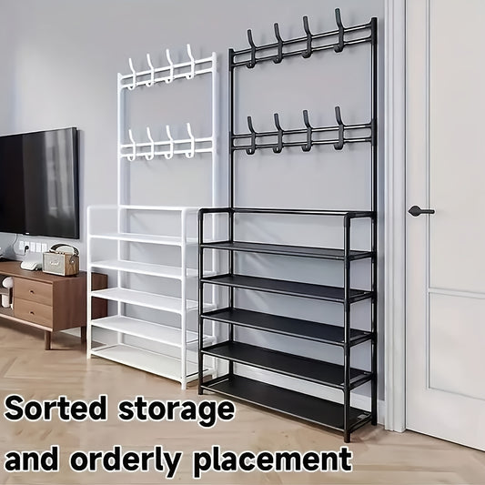 1pc Multi-Functional Entryway Organizer - Heavy-Duty Shoe Rack & Coat Hanger with Hooks, Space-Saving Hallway Storage Cabinet, Easy Assembly No Tools Needed, Sturdy Metal/Plastic Construction for Living Room, Bedroom, Office