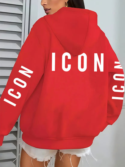 1pc Women'S Pink Hoodie with "ICON" Letter Print - Cozy Long-Sleeve Zip-Up Sweatshirt, Machine Washable, Casual Fall/Winter Pullover with Pockets, Casual Winter Wear | Trendy Casual Hoodie | Machine Washable Fabric