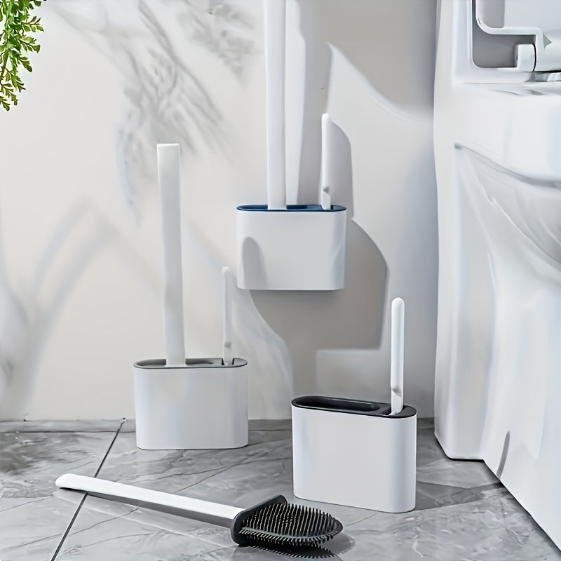 1 Set of 2 Toilet Brushes and 1 Toilet Seat, Wall-Mounted Toilet Brush, Silicone Soft Toilet Head, Long Handle Toilet Brush, Multi-Functional Household Cleaning Tool, Home Essentials