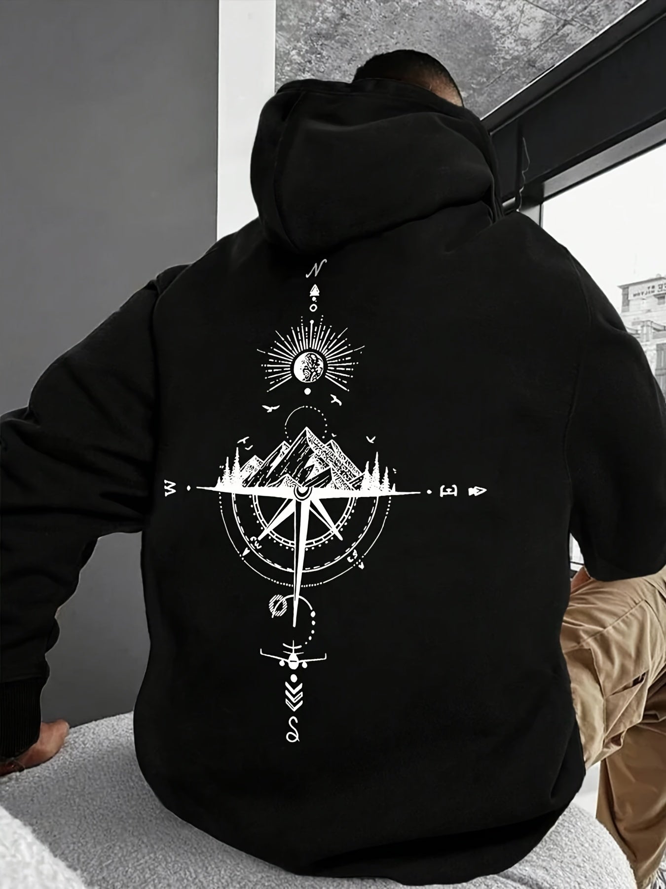 Men'S Autumn Winter for Galaxy Print Hooded Sweatshirt, French Terry Fleece, Polyester, Non-Stretch Knit Fabric, Loose Fit with Pocket Detail, Casual Sports Style Hooded Pullover