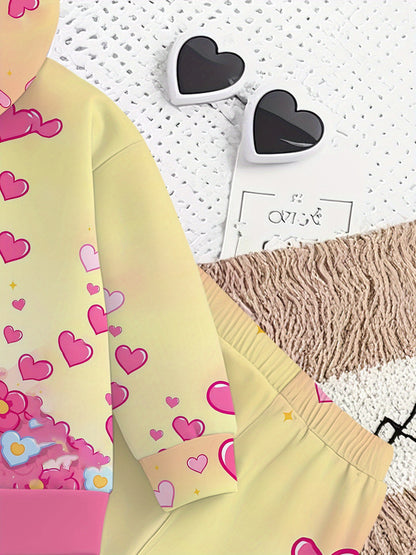Sanrio 2pcs Girls' Set | for Hello Kitty Floral Heart Digital Print Design, Long Sleeve Hooded Sweatshirt and Pants Outfit, Kids Clothing Gift, Suitable for Autumn/Winter Season, Casual Sportswear Set, Perfect for Outdoor Use