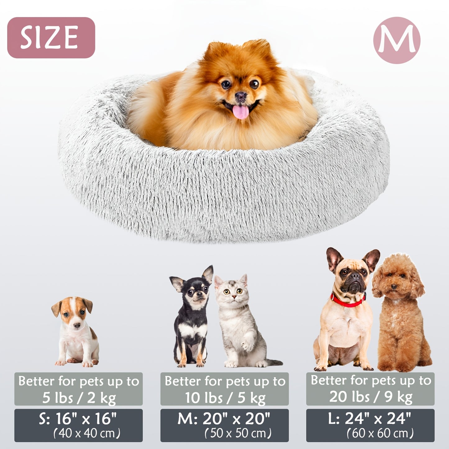 Calming Dog & Cat Bed, Donut Cuddler Warming Cozy Soft Round Bed, Fluffy Faux Fur Plush Cushion Bed For Small Medium And Large Dogs And Cats (40.64cm/50.8cm/60.96cm/71.12cm/78.74cm/99.06cm) Christmas Gift