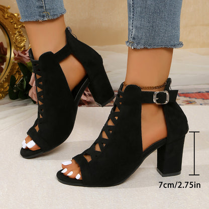 Women'S High-Top Block Heel Sandals - Stylish Black Open-Toe with Ankle Strap, Zipper Closure, and Cut-Out Design, Perfect for Casual or Formal Occasions, Casual Footwear | High Heel Sandals | Rubber Sole Sandals