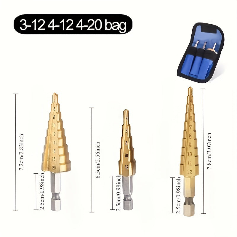 3pcs Titanium-Coated HSS Drill Bits Set, 3-12mm, 4-12mm, 4-20mm Straight Groove Step Cone Cutters, Precision Hole Sawing, Hex Shank, Metal, No Power Required, Home Renovation Tool Accessories