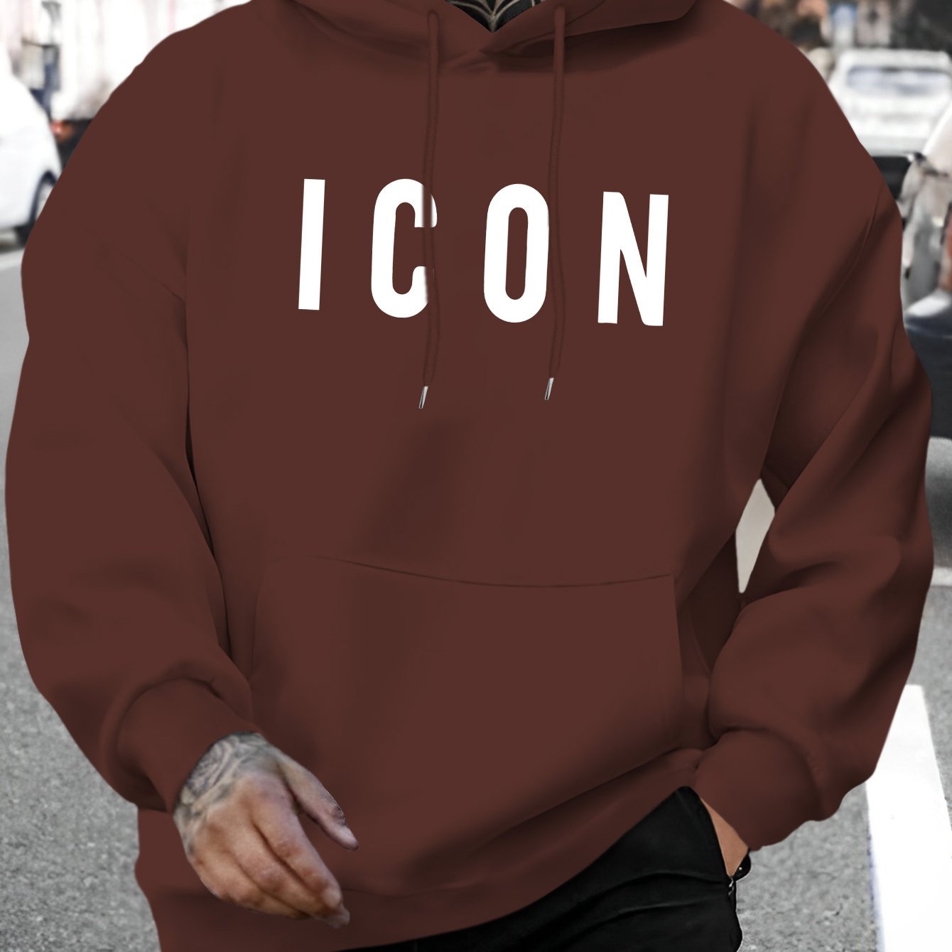 Men'S Casual Hoodie with Iconic Print - Stylish Pullover with Kangaroo Pocket, Stretch Fabric, Machine Washable - Perfect for Spring & Fall, Polyester Blend, Casual Wear Hoodie|Hooded Sweatshirt|Stretch Fabric Hoodie