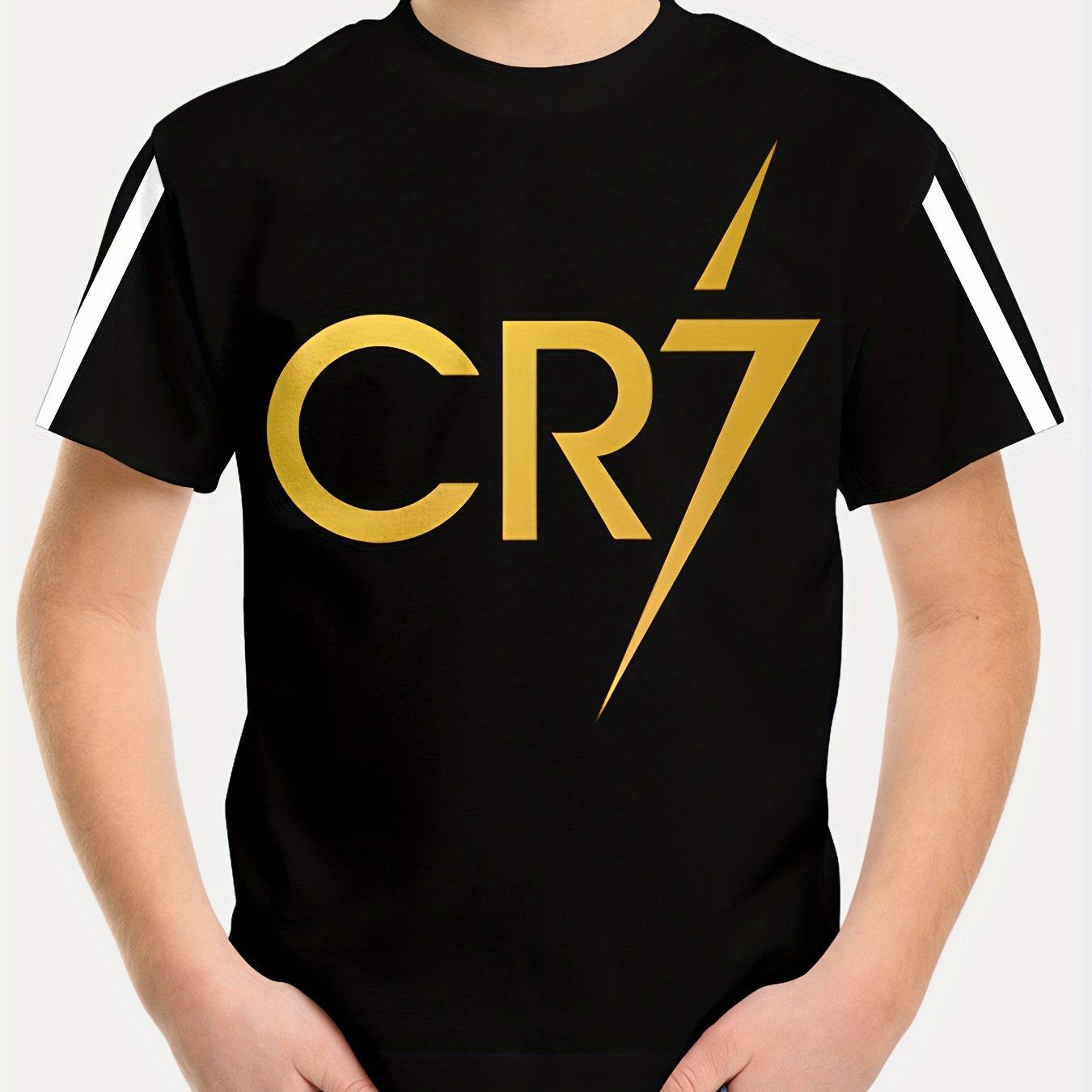 Boys' CR7 Lightning Bolt Graphic T-Shirt - Black Casual Short Sleeve Crewneck with Golden & White Stripe Design, Comfortable Summer Top for Youngsters, Youngsters's Pullover | Graphic Tee | Machine Washable, Tween Boy Clothes