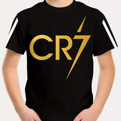 Boys' CR7 Lightning Bolt Graphic T-Shirt - Black Casual Short Sleeve Crewneck with Golden & White Stripe Design, Comfortable Summer Top for Youngsters, Youngsters's Pullover | Graphic Tee | Machine Washable, Tween Boy Clothes