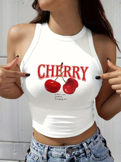 Women's Elegant Cropped Graphic Tank Top - Cherry Print Semi-Sheer Stretchy, Round Neck Sleeveless Shirt, Machine Washable All-Season Casual Top, Ladies Tank Tops, Playful Summer Wear
