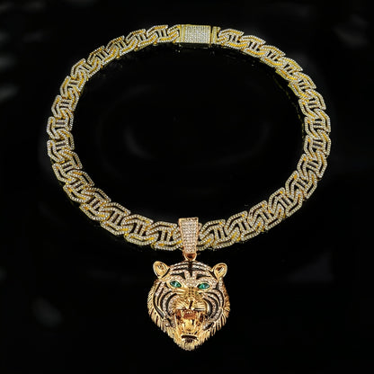 1pc Domineering Green Eyed Tiger Head Shaped Pendant, Paired with a 50.8 cm Rhinestone Cuban Necklace, Suitable for Daily Wear And Gift Giving for Men And Women