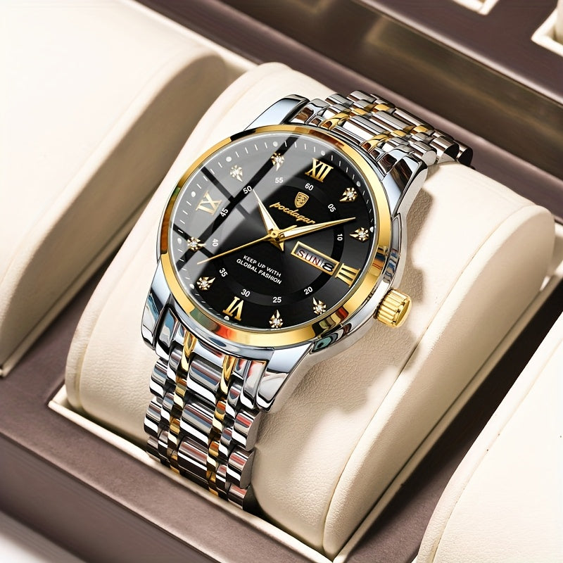 1pc Men's Fashion Stainless Steel Quartz Watch with Date Function, Rhinestone Accents, Luminous Hands, Round Dial - Casual Style, Battery Powered, Water Resistant, Ideal Gift for Birthdays and Anniversaries