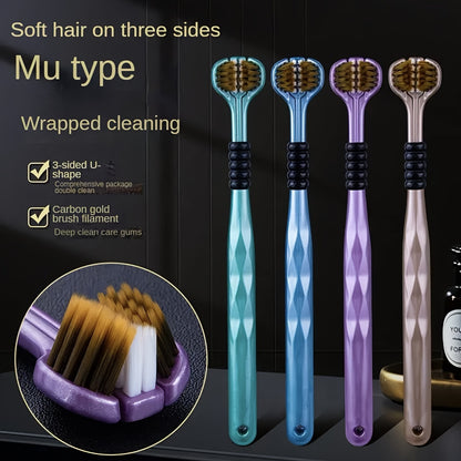 2pcs Ergonomic Triple-Sided Soft Bristle Toothbrushes, Microfiber Bristles, Unscented Full-Head Manual Toothbrush Set, for Unisex-Adult Deep Clean & Gum Protection with Tongue Scraper