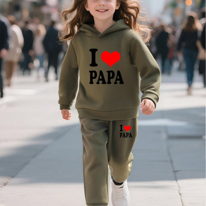 Fashionable Autumn And Winter Casual Sports Style for And "I Love Dad" Cartoon Popular Print Pattern Long-Sleeved Plus Velvet Warm Hooded Sweatshirt + Sweatpants Two-Piece Set, for Outdoor