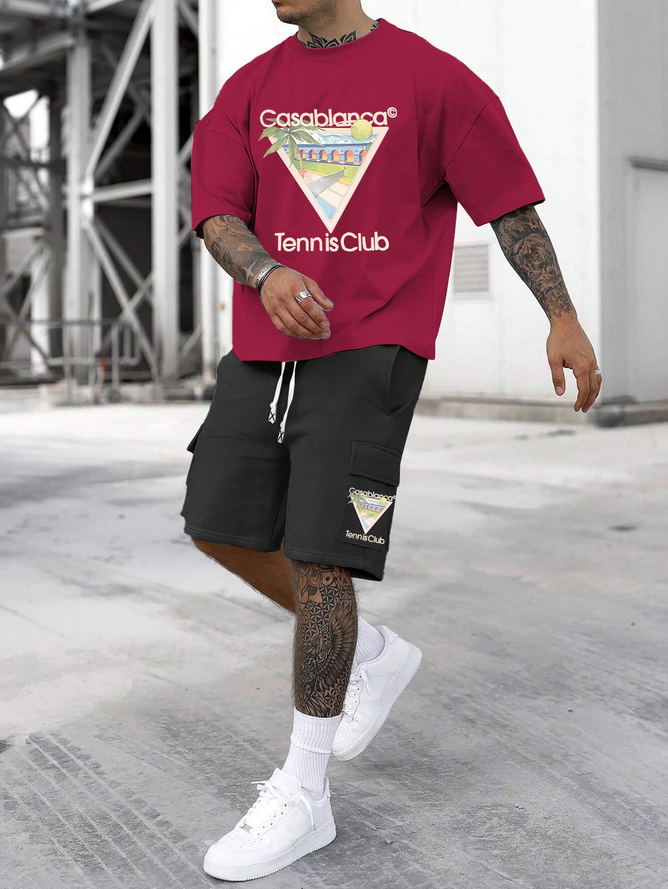 New Loose Fit Breathable Men's Crew Neck Short Sleeve T-Shirt and Workwear Style Multi-Pocket Shorts Set, Summer Casual Sportswear Two-Piece Outfit, Stylish Versatile Top and Pants for Both Men and Women