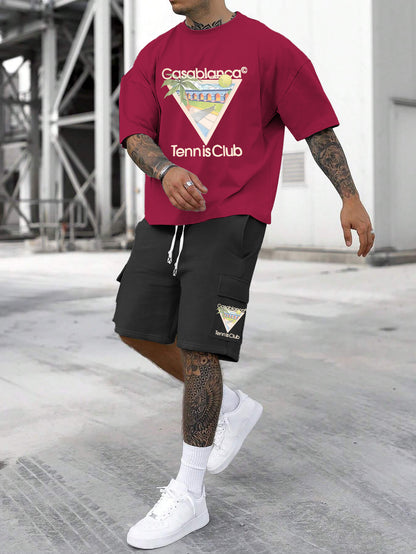 New Loose Fit Breathable Men's Crew Neck Short Sleeve T-Shirt and Workwear Style Multi-Pocket Shorts Set, Summer Casual Sportswear Two-Piece Outfit, Stylish Versatile Top and Pants for Both Men and Women