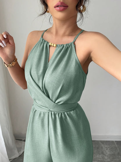 Women'S Elegant Off-Shoulder Twist Front Jumpsuit - Beige Wide-Leg Jumpsuit with Adjustable Waist Tie, Perfect for Spring & Summer Casual or Dressy Outfits, Casual Chic Wear | Offshoulder Fashion | Polyester Fabric