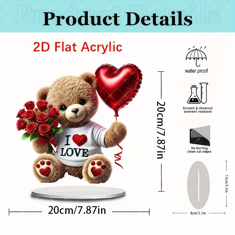 1pc, 2D Acrylic Flat, Charming Bohemian Style Acrylic Teddy Bear with Roses and Heart Balloons - "I Love" Design, 22.1x19.99 cm - Suitable for Home, Office, Garden, Ideal Gift