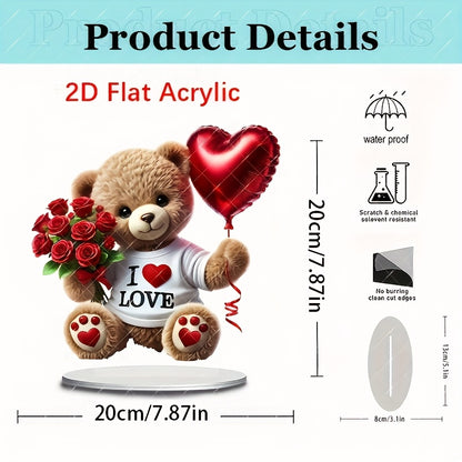 1pc, 2D Acrylic Flat, Charming Bohemian Style Acrylic Teddy Bear with Roses and Heart Balloons - "I Love" Design, 22.1x19.99 cm - Suitable for Home, Office, Garden, Ideal Gift