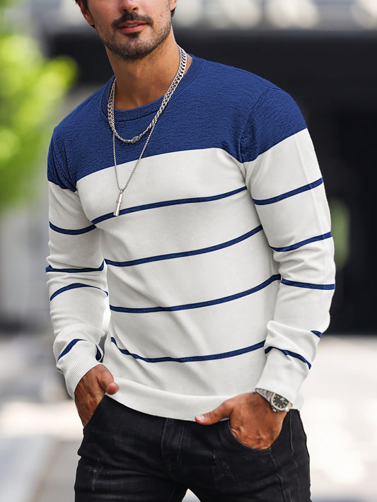 Men's Casual Striped Knit Pullover Sweater - Navy & White Contrast, Regular Fit H-Silhouette, Long Sleeve Crew Neck, Medium Stretch, Machine Washable for Spring & Fall, Mediumstretch Fabric
