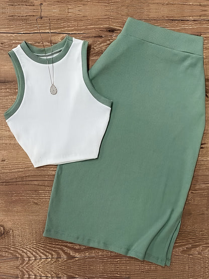 Women'S Sleeveless Top & Skirt Set - Casual, Solid Color, Round Neck, Polyester, Spring/Fall Fashion, Casual Attire|Sleeveless Top|Polyester Fabric