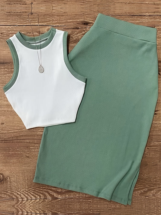 Women'S Sleeveless Top & Skirt Set - Casual, Solid Color, Round Neck, Polyester, Spring/Fall Fashion, Casual Attire|Sleeveless Top|Polyester Fabric