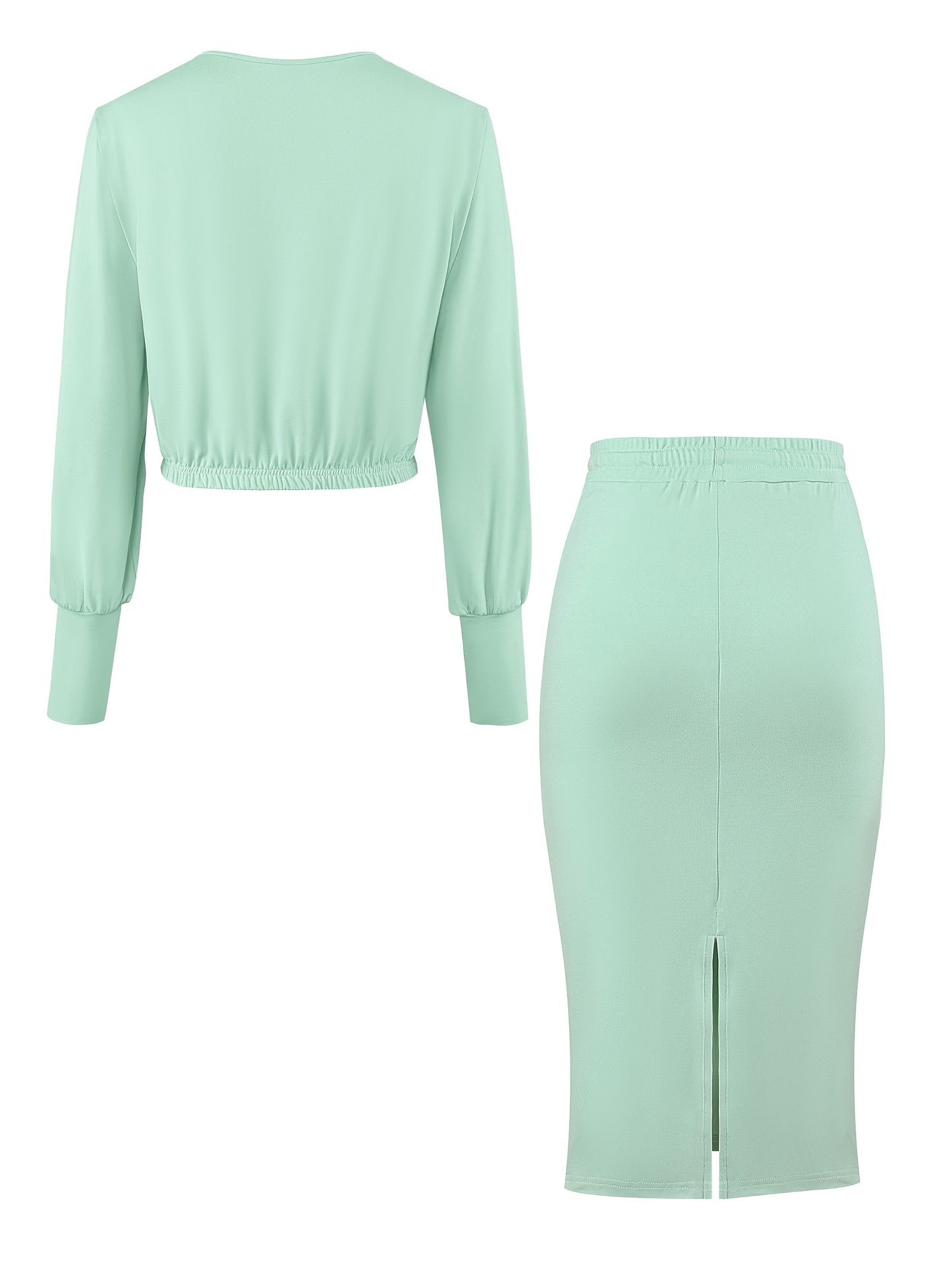 Women'S "NOPE not today" Print Long Sleeve Crop Top & Drawstring Skirt Set - Casual Polyester Blend, Light Green, Stylish Beltless Design with Pockets, Casual Attire|Crop Top Design|Stretchy Fabric