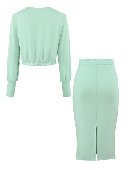 Women'S "NOPE not today" Print Long Sleeve Crop Top & Drawstring Skirt Set - Casual Polyester Blend, Light Green, Stylish Beltless Design with Pockets, Casual Attire|Crop Top Design|Stretchy Fabric