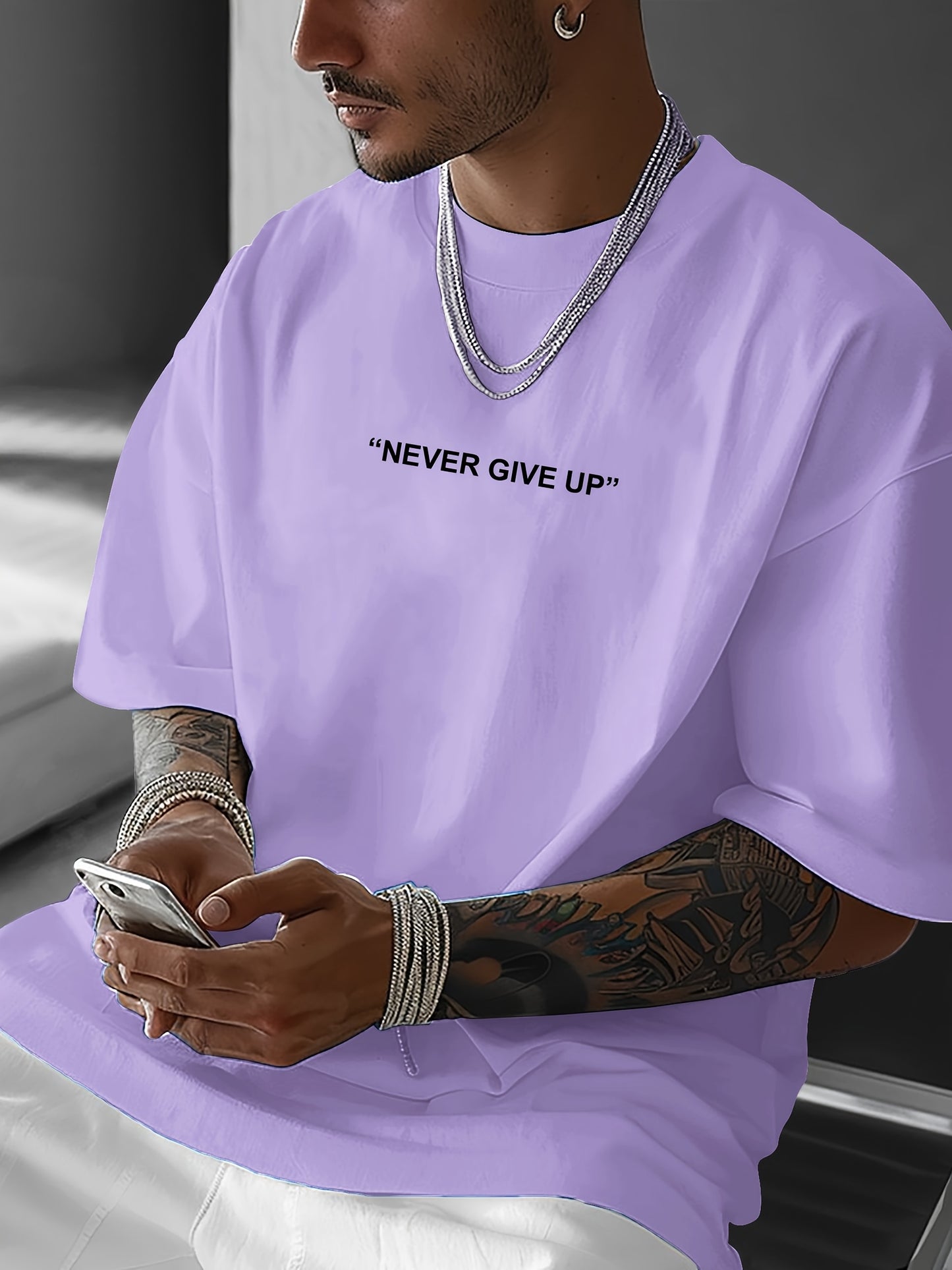 Men's "Never Give Up" Graphic Print Casual T-Shirt - Comfortable Crew Neck, Short Sleeve, Loose Fit for Spring & Summer, White Polyester Tee for Casual Attire, Casual Summer Wear | Loose Fit Top | Smooth Texture