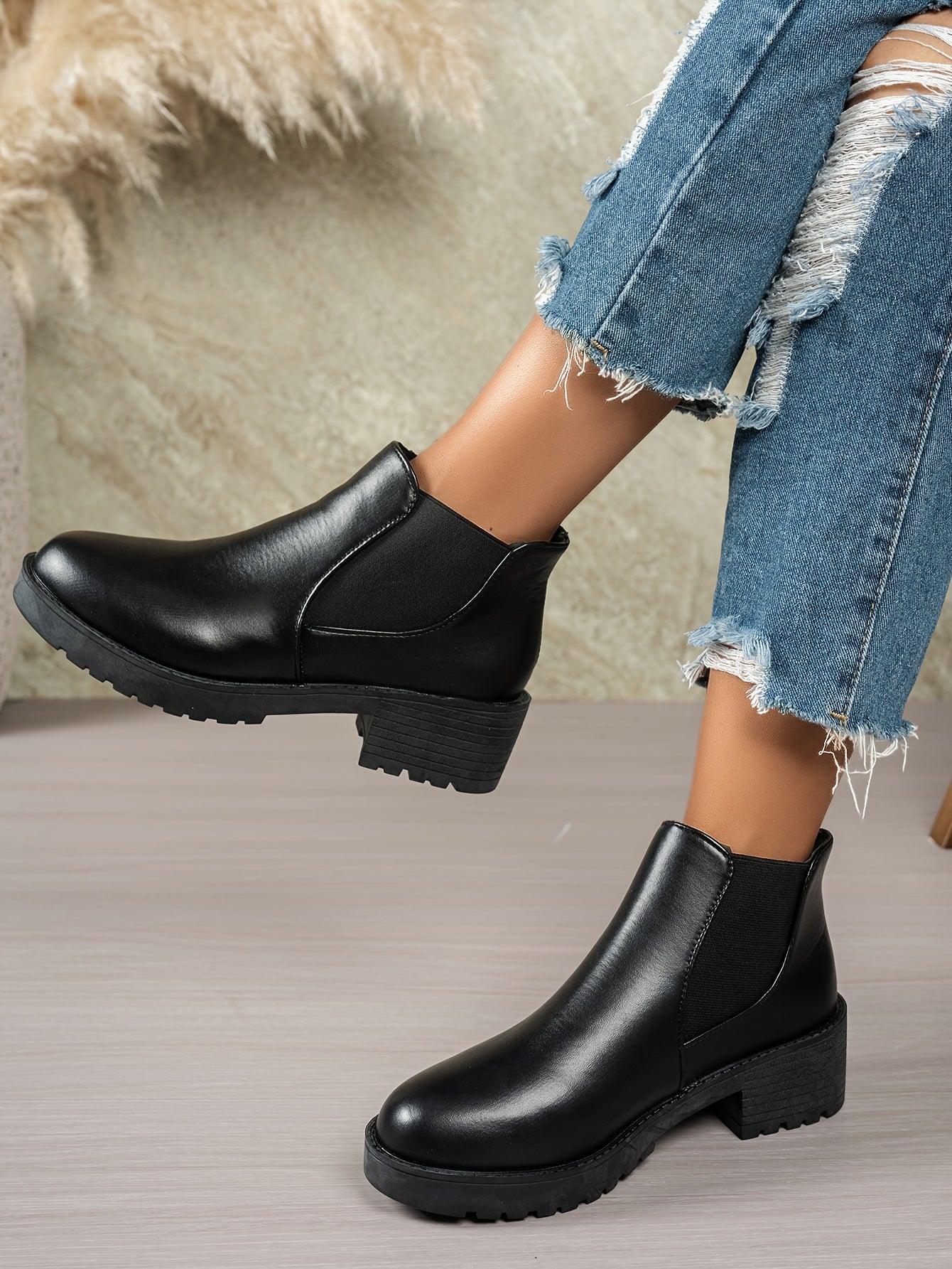MagiMoBo Women'S Slip-On Chunky Mid-Heel Ankle Boots - Faux Cover Round Toe Platform Boots with Thick Rubber Sole, All-Season Casual Versatile Boots for Casual Attire, Comfortable Walking Boots, Durable Fabric Insole