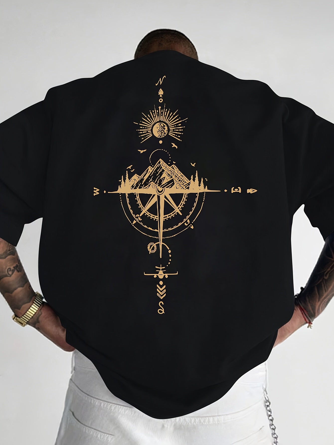 Men's Short Sleeve T-Shirt 100% Polyester Loose Fit Casual Round Neck Navy Blue with Golden Compass Rose Mountain Print - Summer Outdoor Adventure Graphic Tee, Modern Casual Top | Easy Care Clothing
