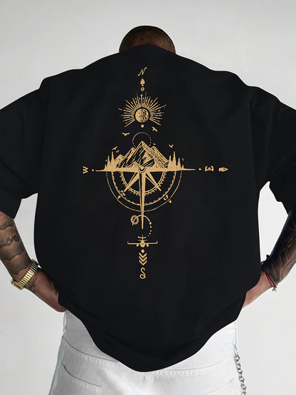 Men's Short Sleeve T-Shirt 100% Polyester Loose Fit Casual Round Neck Navy Blue with Golden Compass Rose Mountain Print - Summer Outdoor Adventure Graphic Tee, Modern Casual Top | Easy Care Clothing
