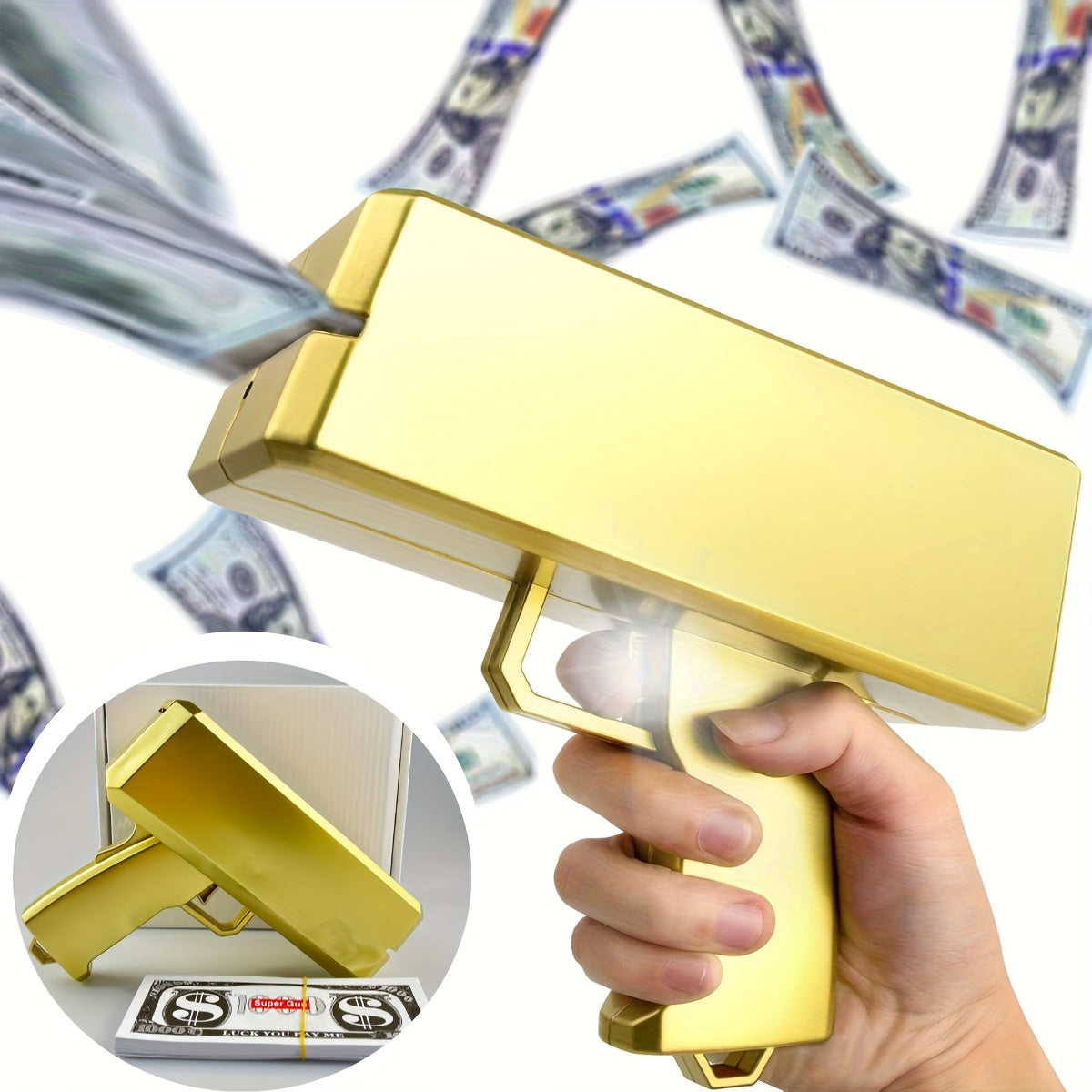 Golden Money Gun | Cash Sprayer Party Prop, Rain of Money Spray Gun for Games and Movies, Portable Plastic Cash Machine – Perfect for Weddings, Birthdays, New Year Celebrations & Carnivals. No Power Needed, Safe and Conveni