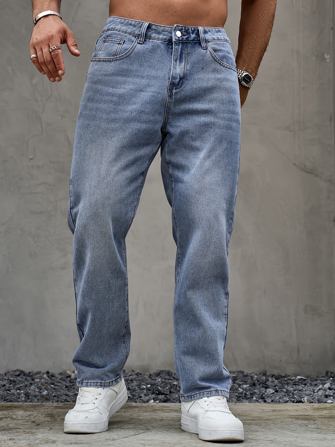 Men's Classic Regular Fit Jeans - Non-Stretch Machine-Washable Denim, Water-Washed Texture, Solid Color Casual Pants for All-Season Casual Attire, Straight Leg Jeans, Versatile Clothing, Durable Construction, Outdoor Clothing