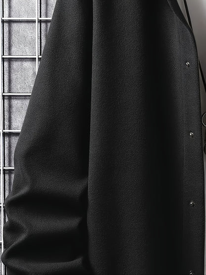 Men's Casual Button-Up Jacket with Front Pocket and Turn-Down Collar, Solid Color, PLUS SIZE