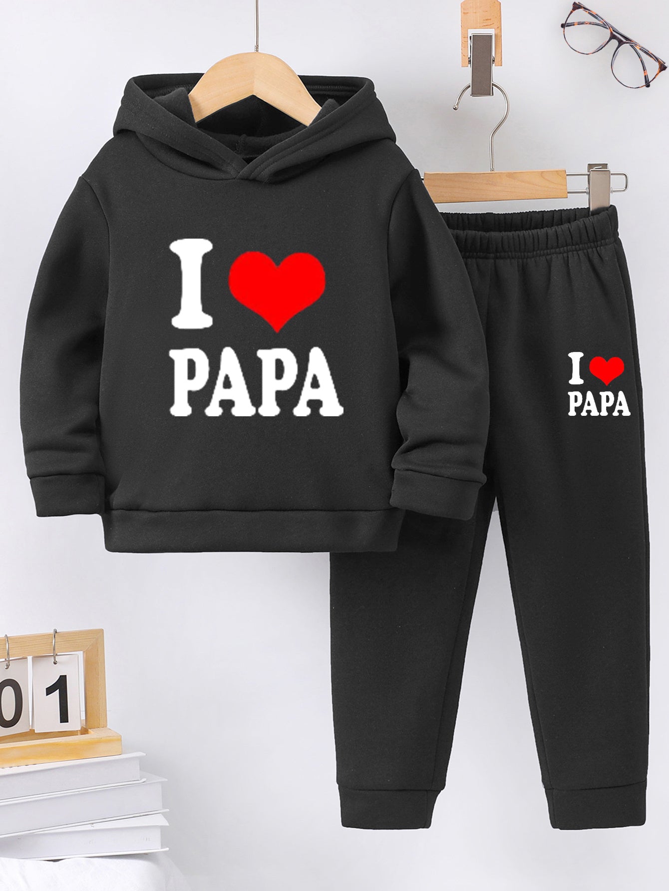 2pcs Back-to-School Season Fashionable Autumn/Winter Casual Sporty Style Girls' "I Love Dad" Cartoon Print Long Sleeve Fleece-Lined Hoodie + Sweatpants Set, Perfect for Outdoor