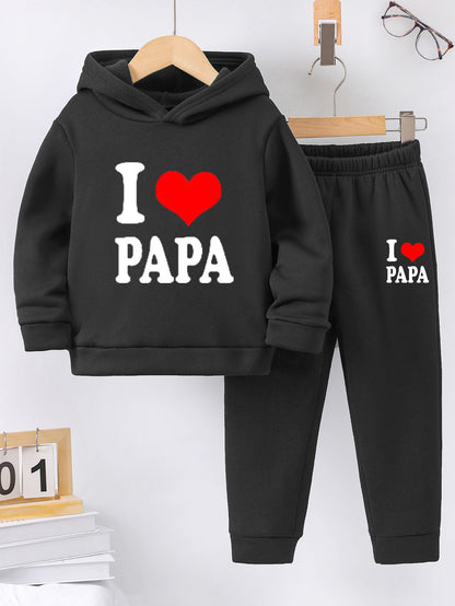 2pcs Back-to-School Season Fashionable Autumn/Winter Casual Sporty Style Girls' "I Love Dad" Cartoon Print Long Sleeve Fleece-Lined Hoodie + Sweatpants Set, Perfect for Outdoor