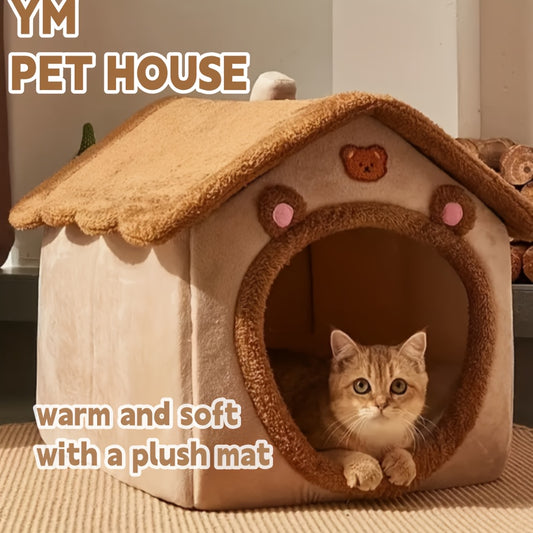 Cozy Cat House Bed - Detachable & Washable, Soft Plush Interior, Winter Warm Pet Nest for Cats and Small Dogs, Easy Assembly, Cute Cat Bed