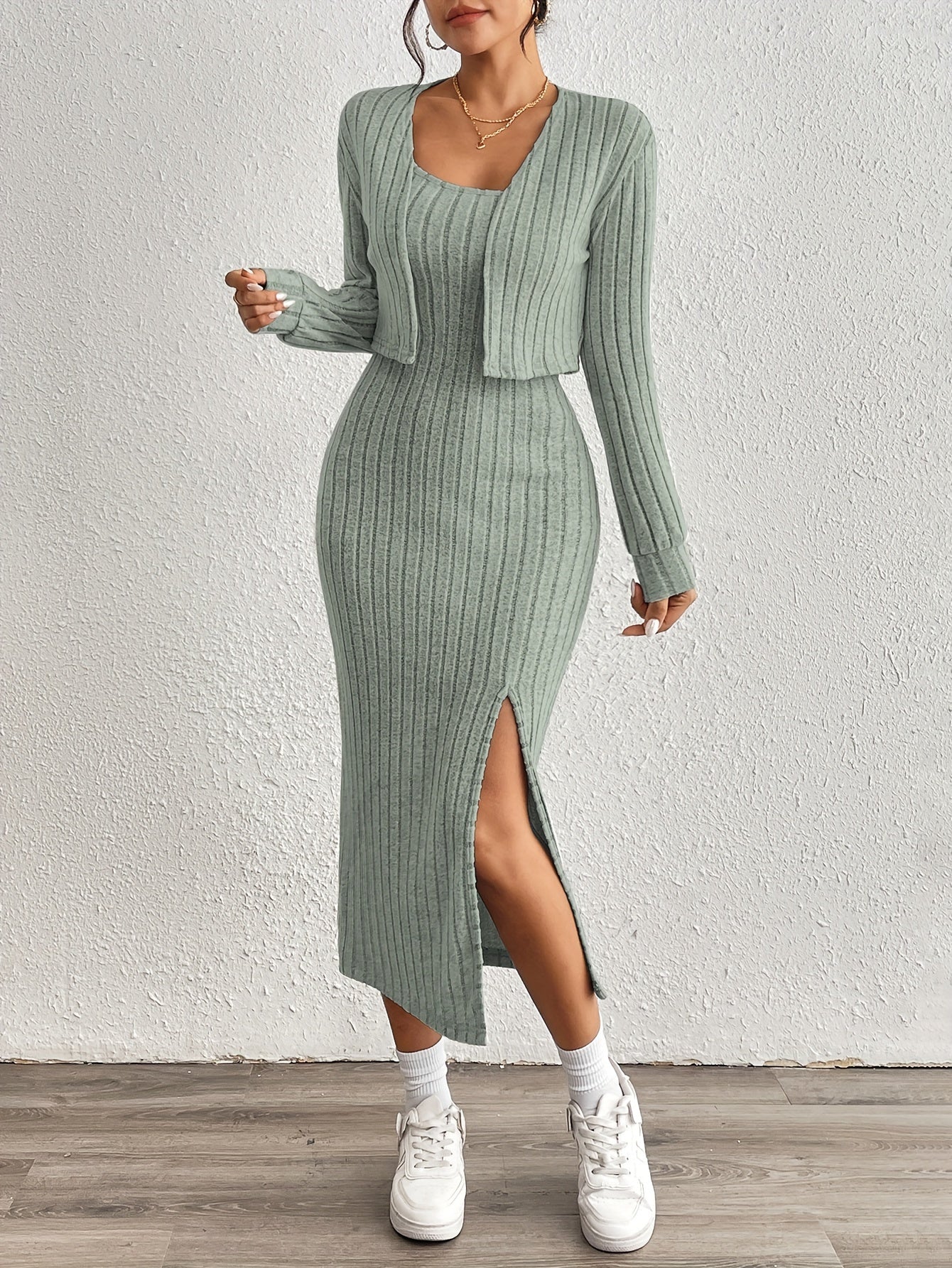 Simple y Fleece Two-Piece Dress and Jacket Set