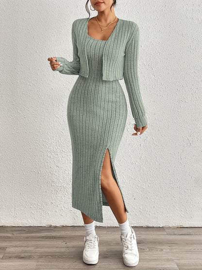 Simple y Fleece Two-Piece Dress and Jacket Set