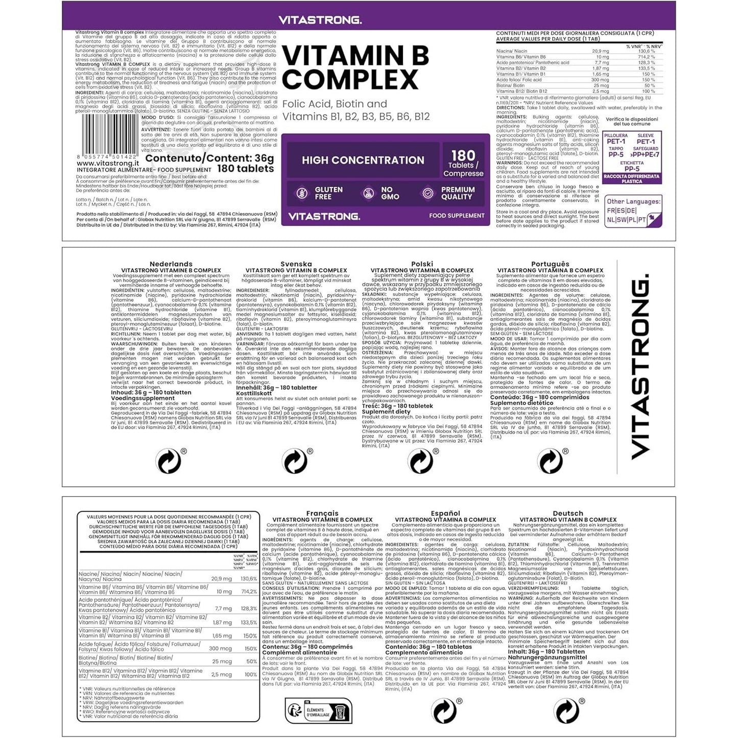 High-Dose Vitamin B Complex Vitastrong, 1 per Day, 180 Vitamin B Group Biotin, Thiamine Vitamin B1, Riboflavin B2, Niacin, Pantothenic Acid, Vitamin B6, B12