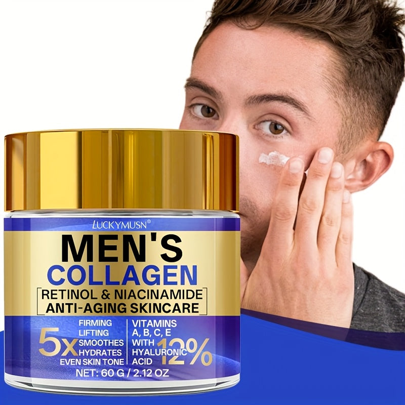 60g LUCKY MUSN Men's Retinol Collagen Moisturizing Cream with Hyaluronic Acid, Caffeine, Vitamin C & E - Firming & Lifting Skincare, 5X Smoothing, 5.5X Firming, 12% Brightening, Easy-Absorb Non-Greasy Formula for All Light Be